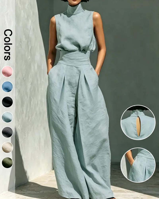 High Neck Sleeveless Wide Leg Waist Jumpsuit