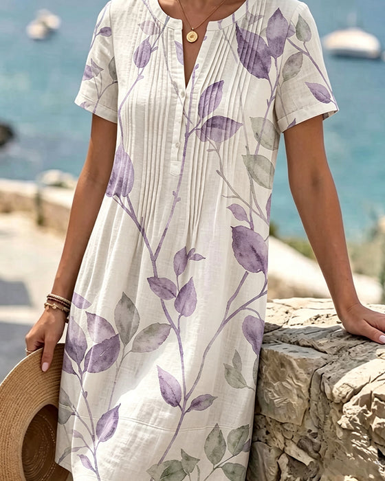 Ruched Leaf Print Short Sleeve Mini Dress