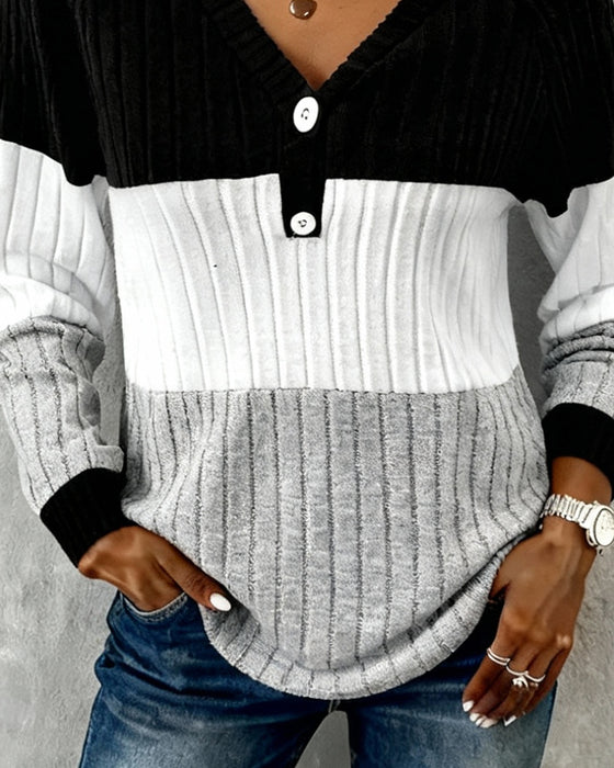 V-Neck Striped Color-Blocked Top
