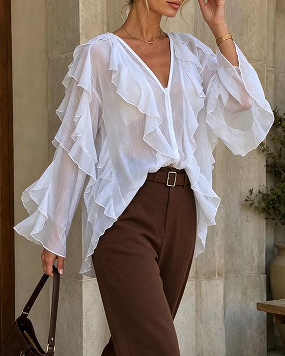 V-Neck Ruffle Loose Blouse