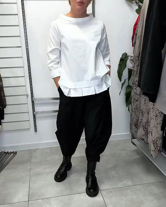 100% Cotton Wide-Collar Solid Color Casual Blouse