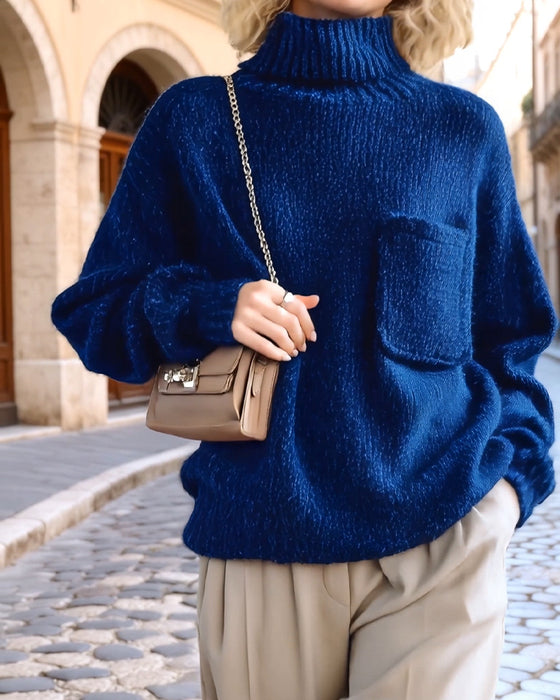 Fashion Loose Pocket Turtleneck Pullover