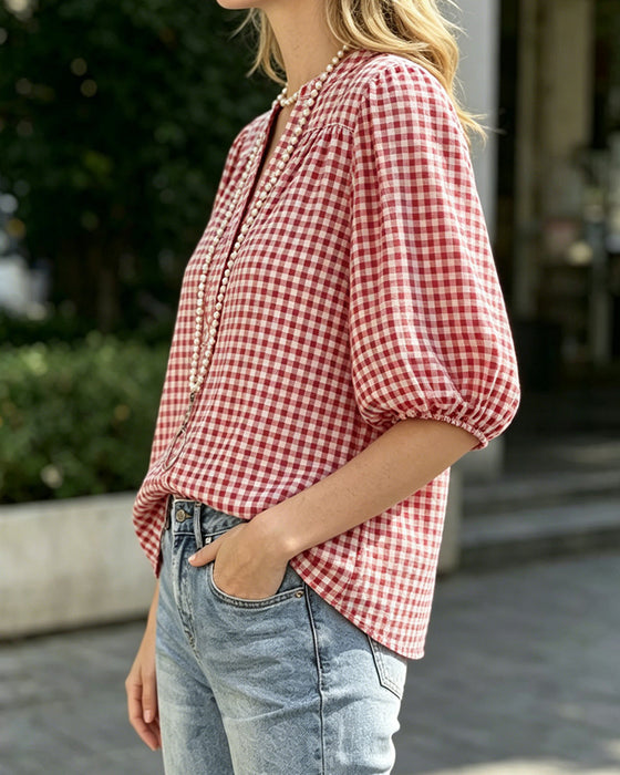 Plaid Print Puff Sleeve Short Sleeve Blouse