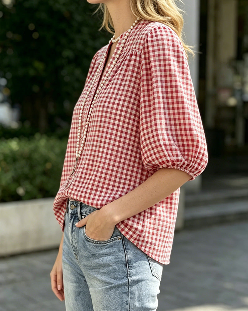 Plaid Print Puff Sleeve Short Sleeve Blouse