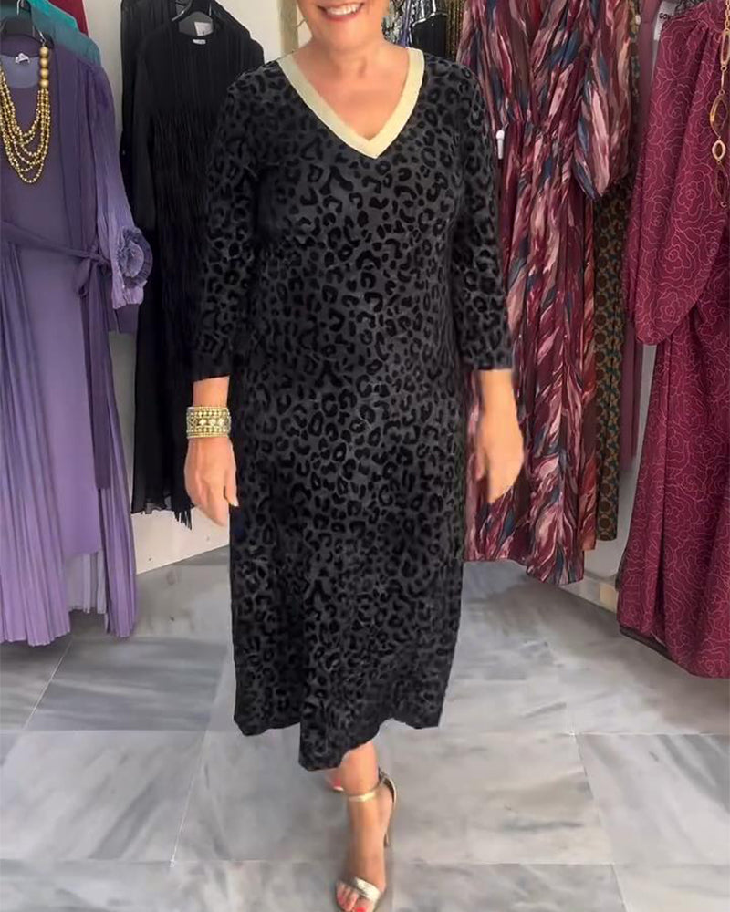 Contrast Color V-Neck Leopard Print Dress