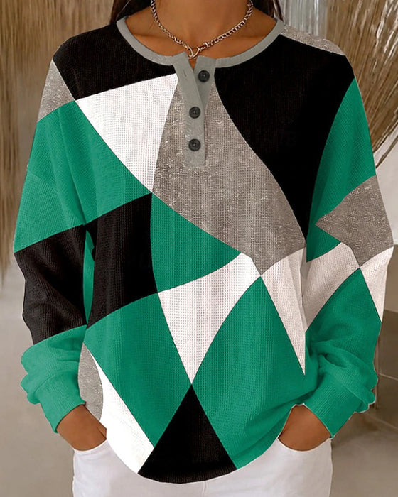 Crew Neck Button Color Block Casual Top