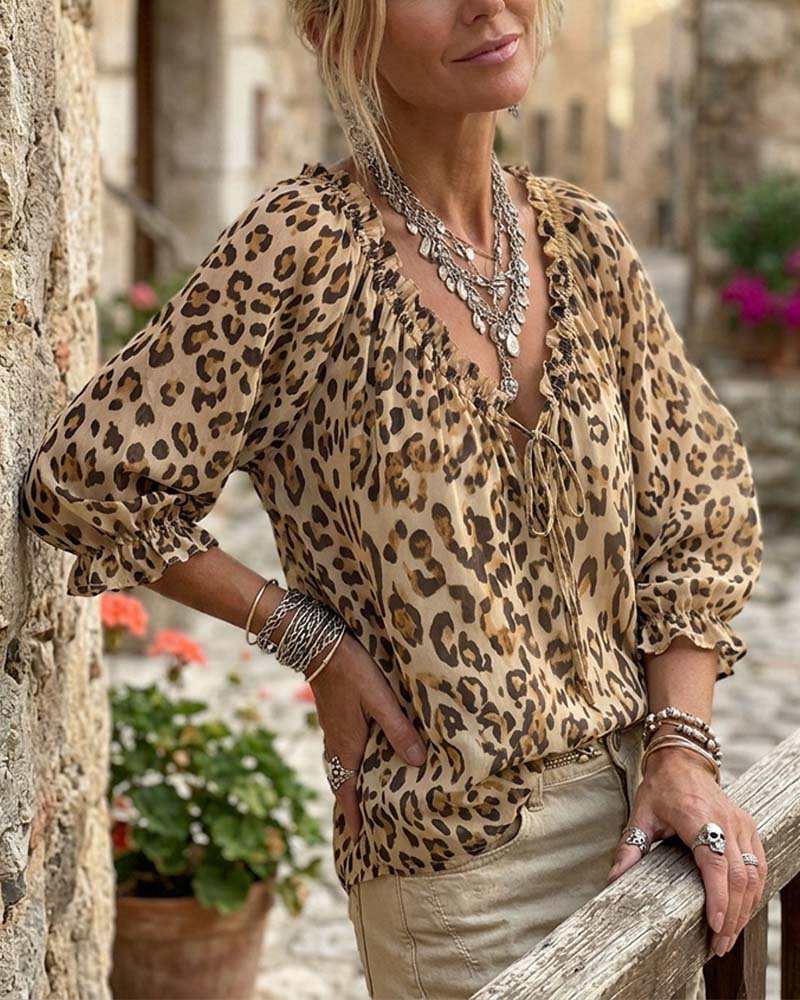 Leopard Print V-Neck Puff Sleeve Lace-Up Blouse