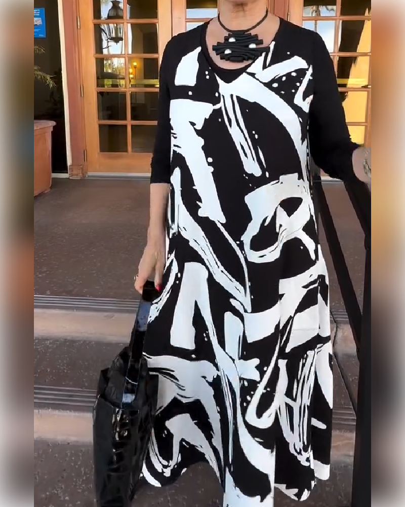 Long-Sleeve Patchwork Printed Dress