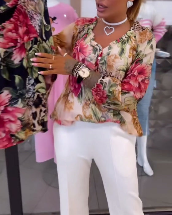 V-Neck Floral Print Blouse