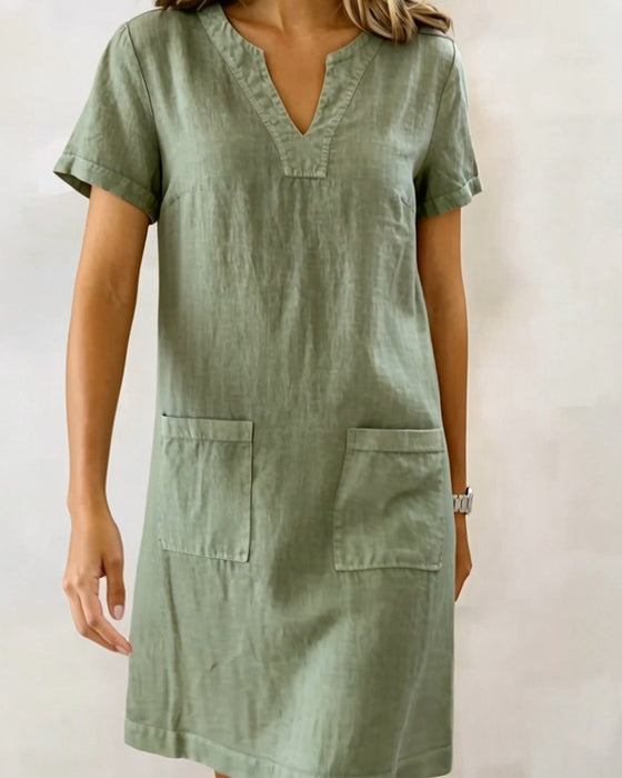 Small V-Neck Pocket Shift Dress