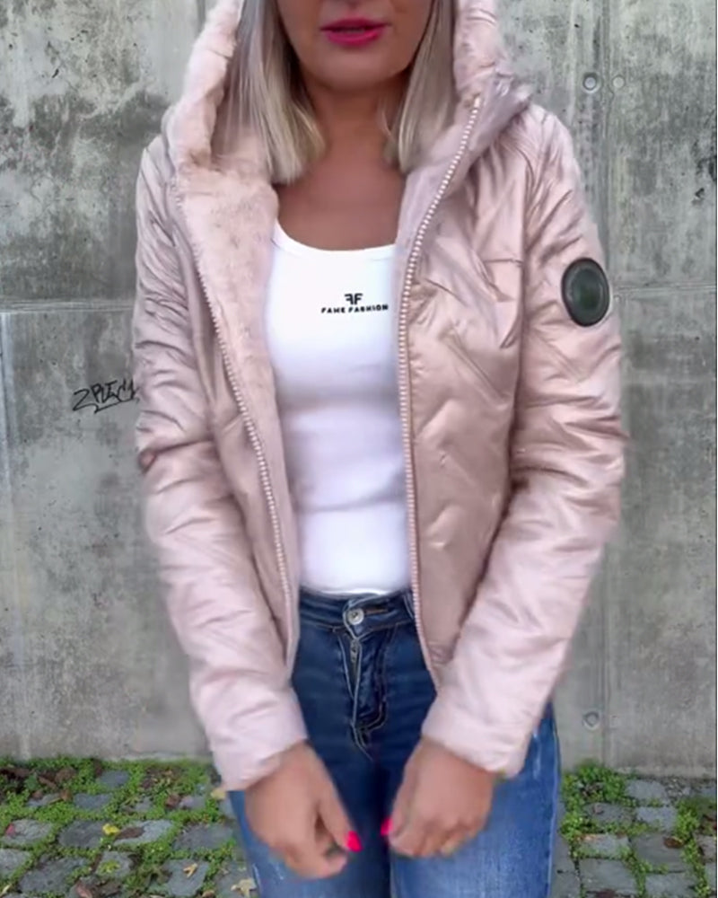 Casual solid color zipper hooded padded jacket