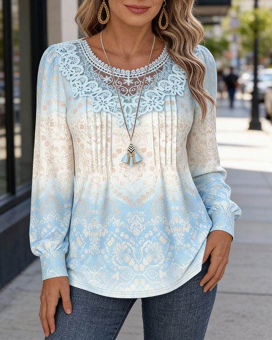 Long-Sleeved Patchwork Round Neck Printed Top