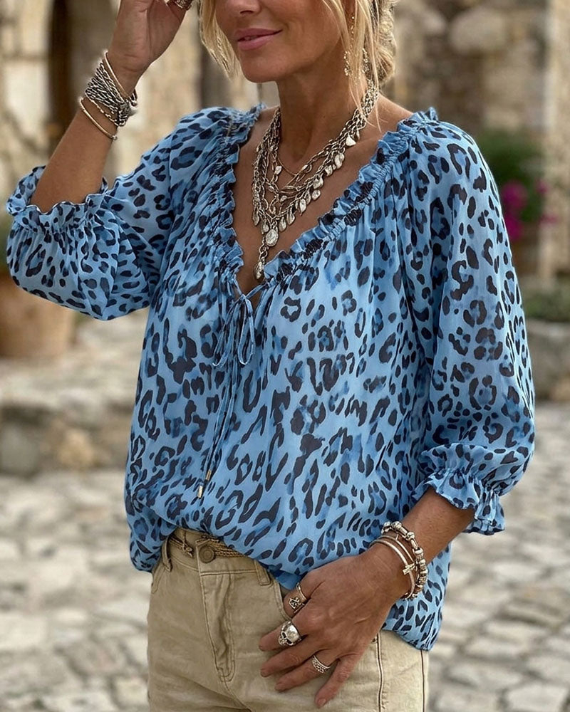Leopard Print V-Neck Puff Sleeve Lace-Up Blouse