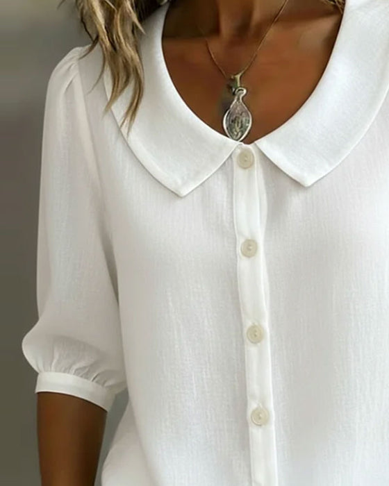 Cotton Mid-Sleeve Peter Pan Collar Shirt