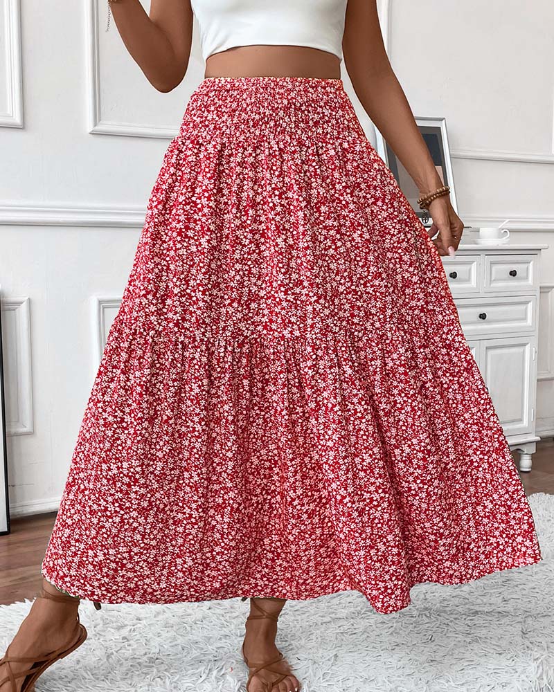 Layered Tiny Flower Print A-Line Long Skirt