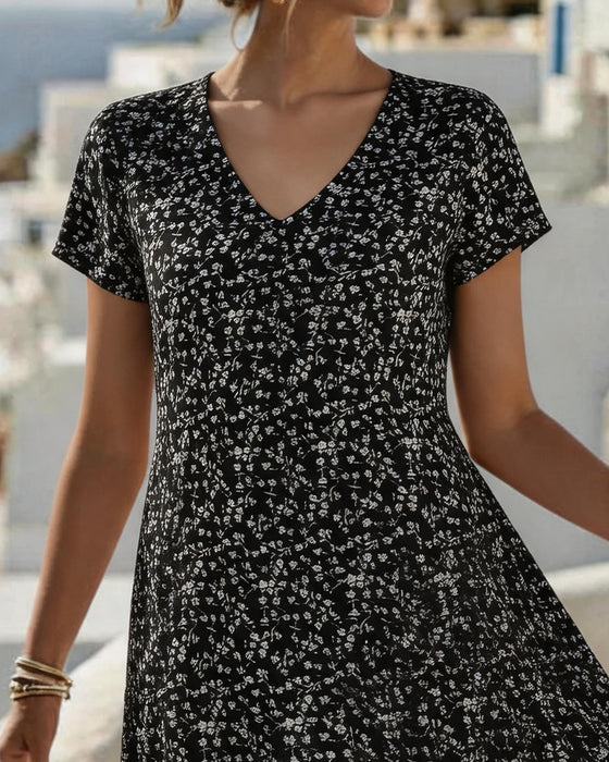 Floral V-Neck Full Skirt Dress