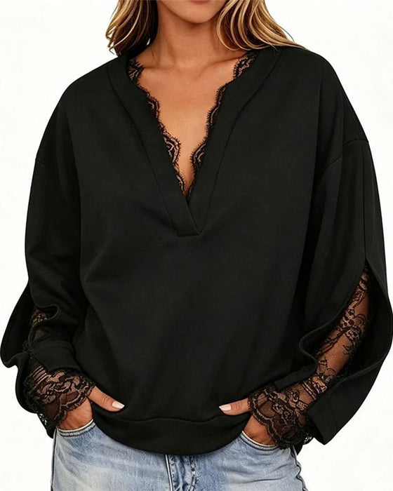 V-Neck Slit Lace Patchwork Sweatshirt