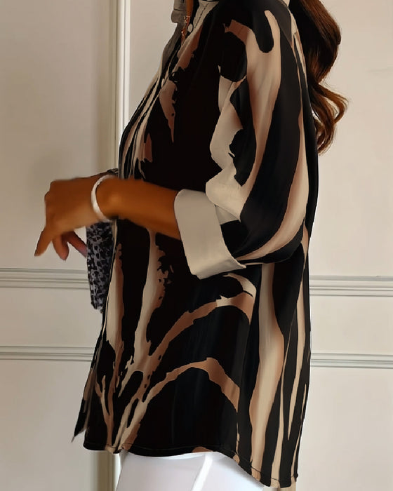 Stand Collar Irregular Printed Blouse