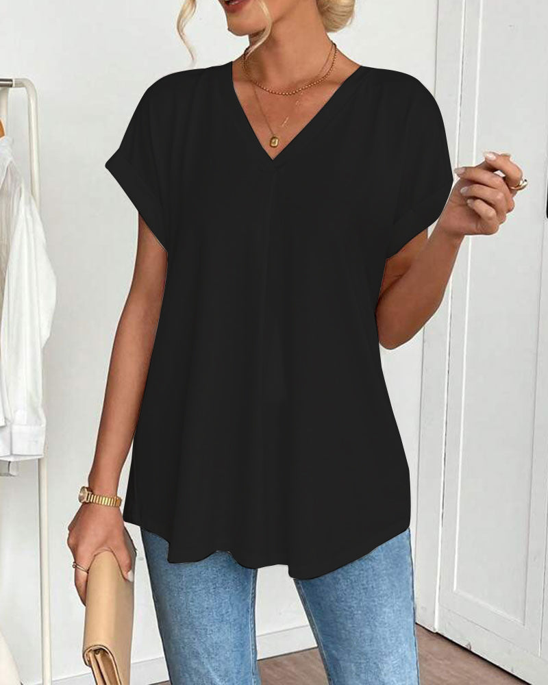 Short-Sleeved Solid Color Patchwork T-Shirt