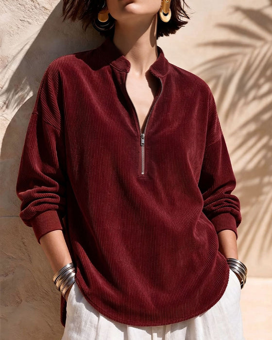 Zip Stand Collar Corduroy Blouse