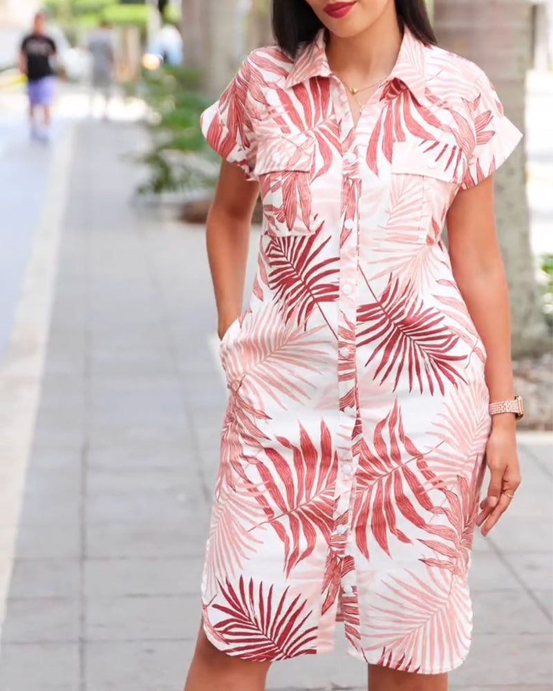 Lapel Leaf Short-Sleeved Shirt Dress