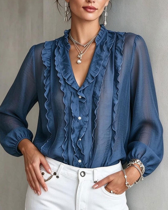 V-Neck Button Ruffle Blouse