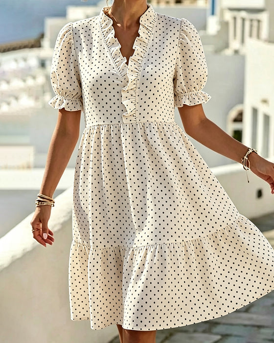 V-Neck Lace Trim Polka Dot Dress
