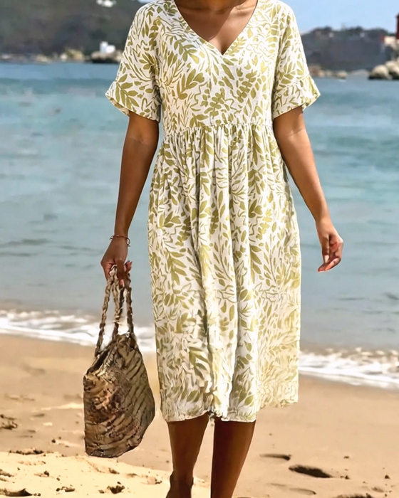 Green Leaf Print V-Neck Dress