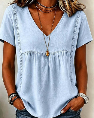 V-Neck Shirred Short Sleeve Blouse