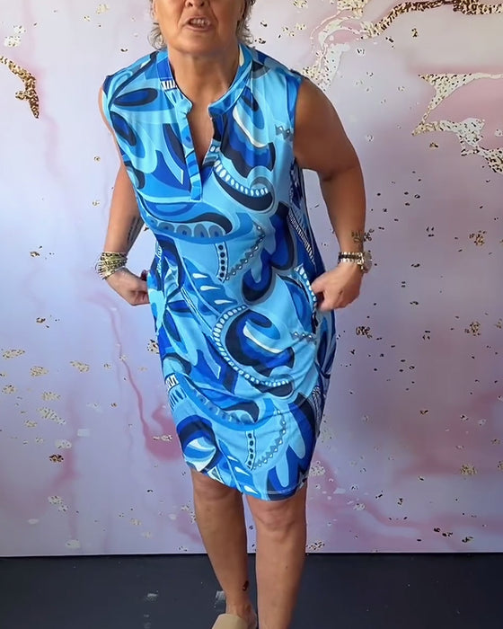 Printed sleeveless stand collar pocket dress