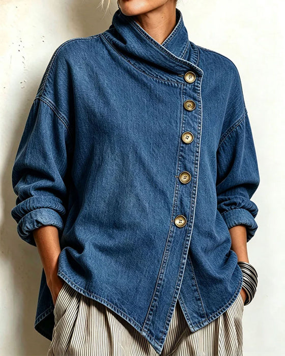 Diagonal Button Stand Collar Denim Coat