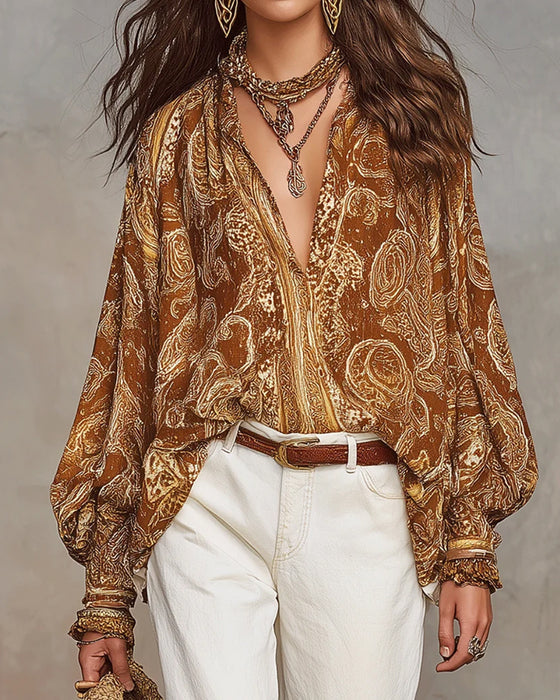 V-Neck Print Casual Blouse