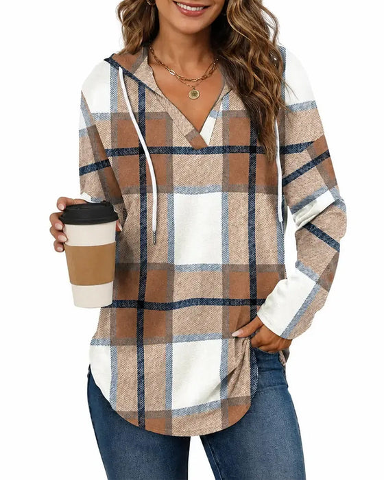 Plaid Hooded Drawstring Blouse