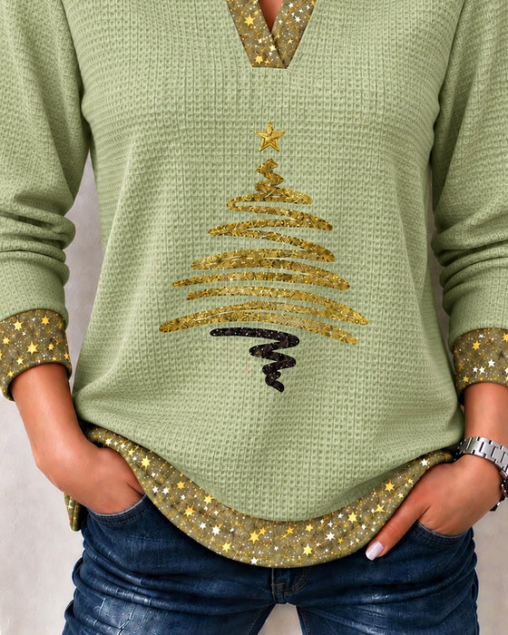 Collared V-neck Waffle Long Sleeve Top