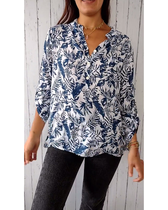 Leaf print V-neck buttoned nine-quarter sleeves casual blouse