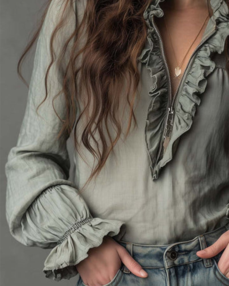Half Zip Fashion Ruffle Blouse