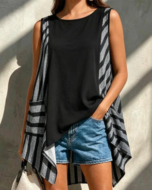 Round Neck Sleeveless Striped Contrasting Irregular Tank Top