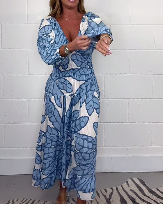 Women's V-neck printed waist long dress