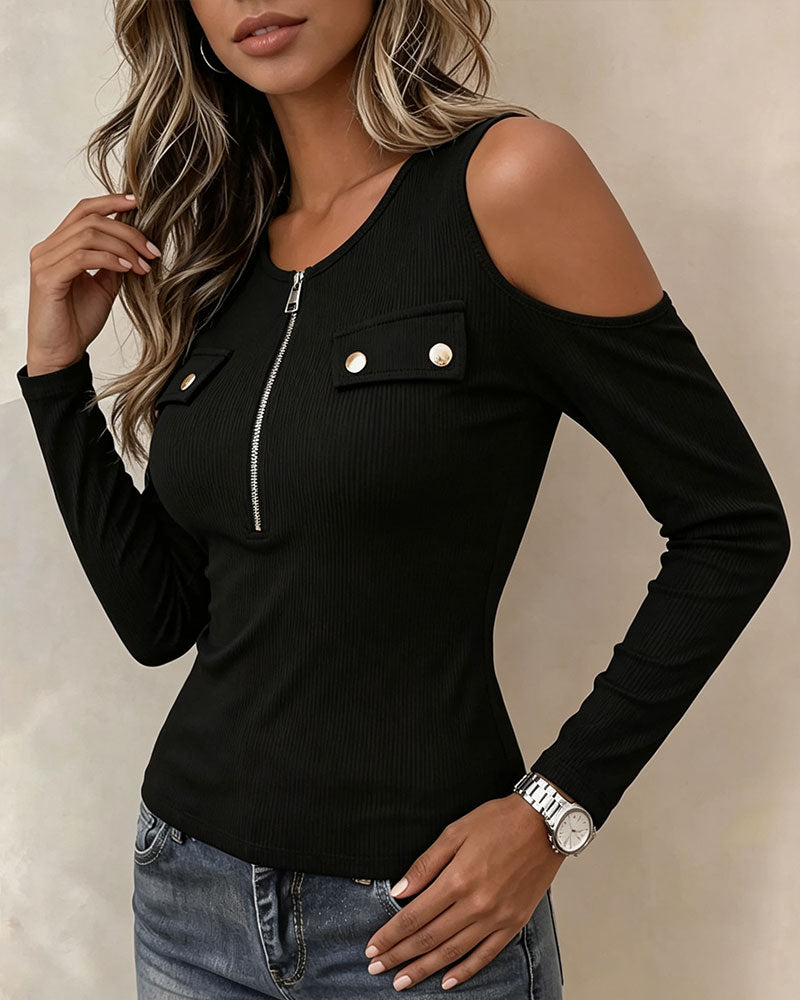 Cutout Shoulder Off-Shoulder Half Zip Long Sleeve Top