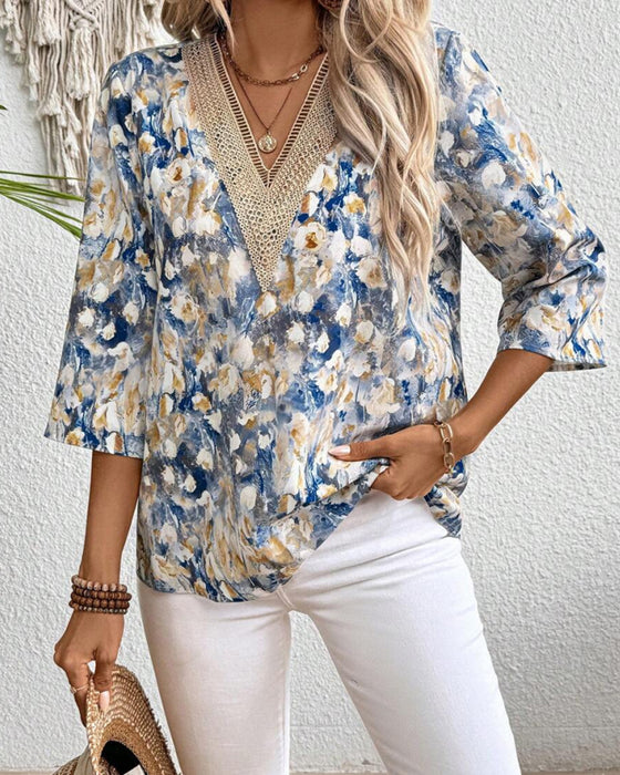 V-Neck Three-Quarter Sleeve Floral Print Blouse