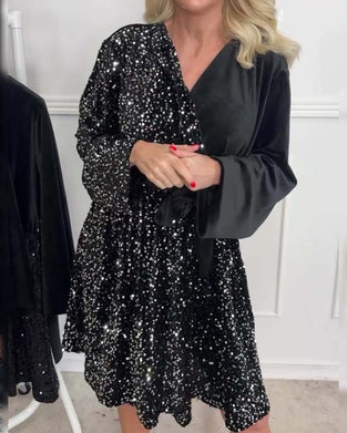 Sequin Patchwork V-Neck Dress
