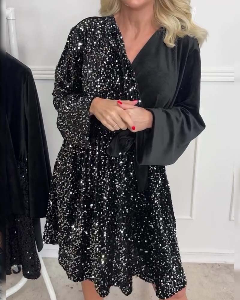 Sequin Patchwork V-Neck Dress