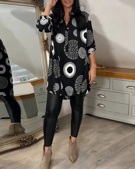 Geometric Circular Print Long-Sleeved Dress