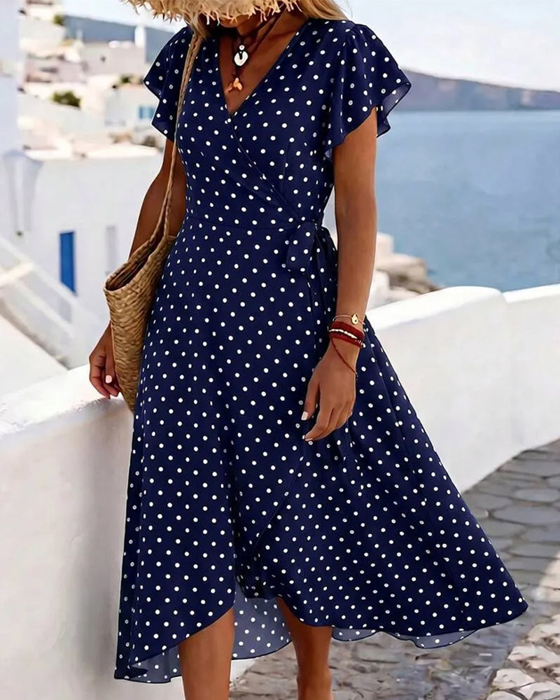V-Neck Polka Dot Ruffle Waist Dress