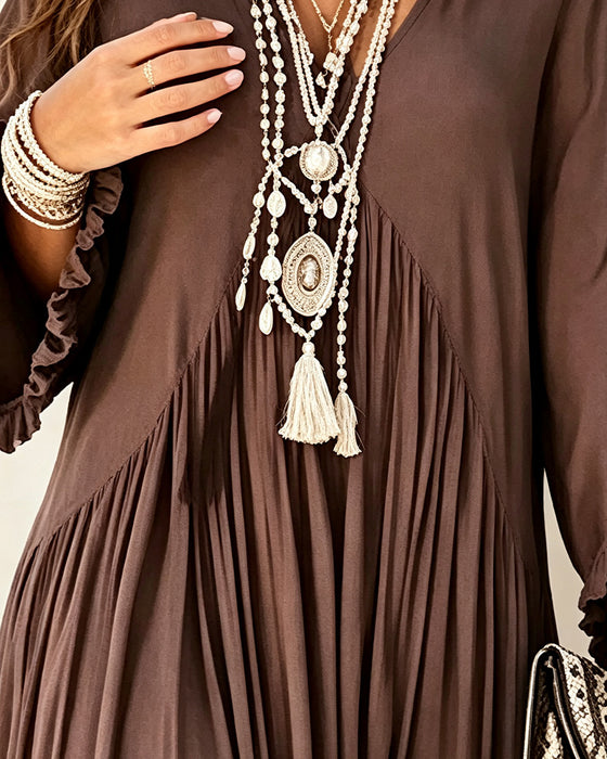 V-Neck Shirred Ruffle Full Skirt Dress
