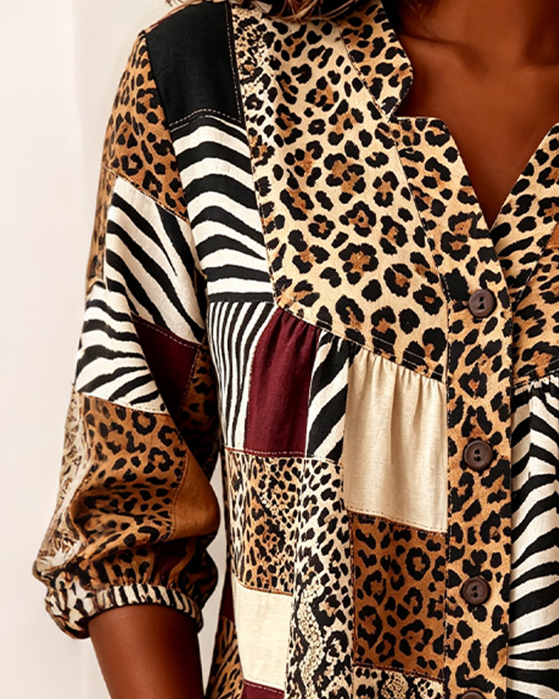 Leopard Color-Block V-Neck Blouse