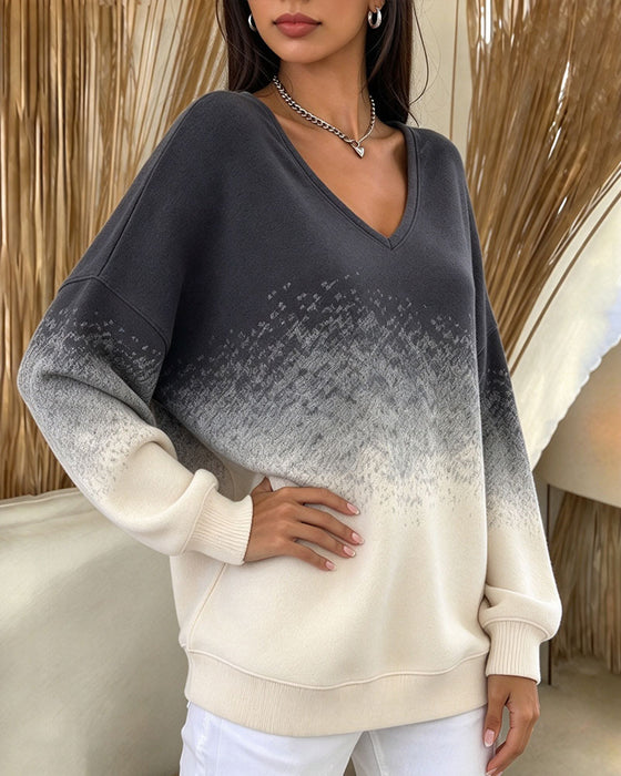 V-Neck Gradient Contrasting Loose Sweatshirt