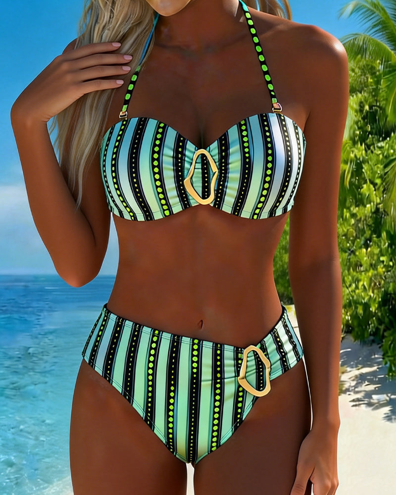Metal Buckle High Waist Split Printed Bikini