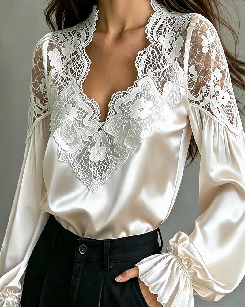 V-Neck Ruffle Lace Cutout Blouse