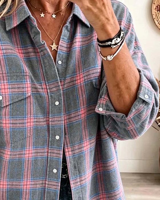 Pocket Plaid Long Sleeve Loose Shirt